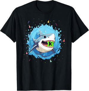 Sharks 13th Birthday Kids Shark Ocean 13 yrs Old Birthday T-Shirt - T-Shirt | Black