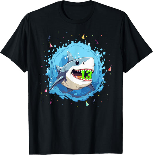 Sharks 13th Birthday Kids Shark Ocean 13 yrs Old Birthday T-Shirt - T-Shirt | Black