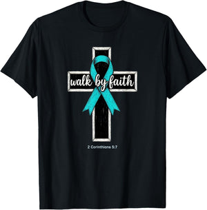 Christian Walk by Faith Ovarian Cancer Awareness Teal Ribbon T-Shirt - T-Shirt | Black