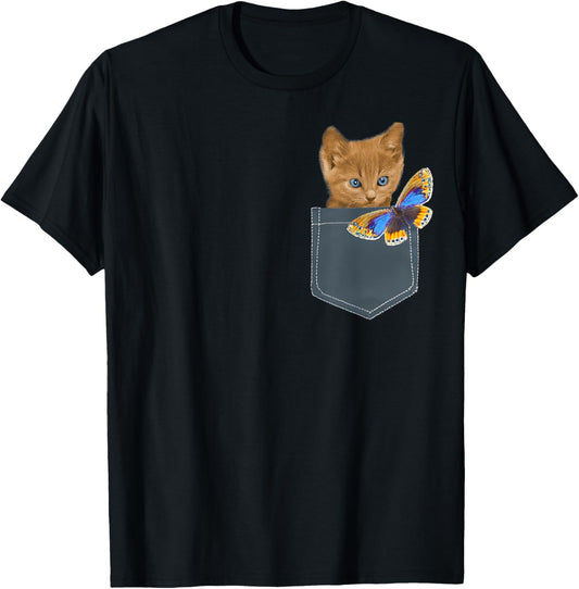 Funny Cat Shirt - Cat in Pocket Looking at a Butterfly Women Girls Kids T-Shirt - T-Shirt | Black