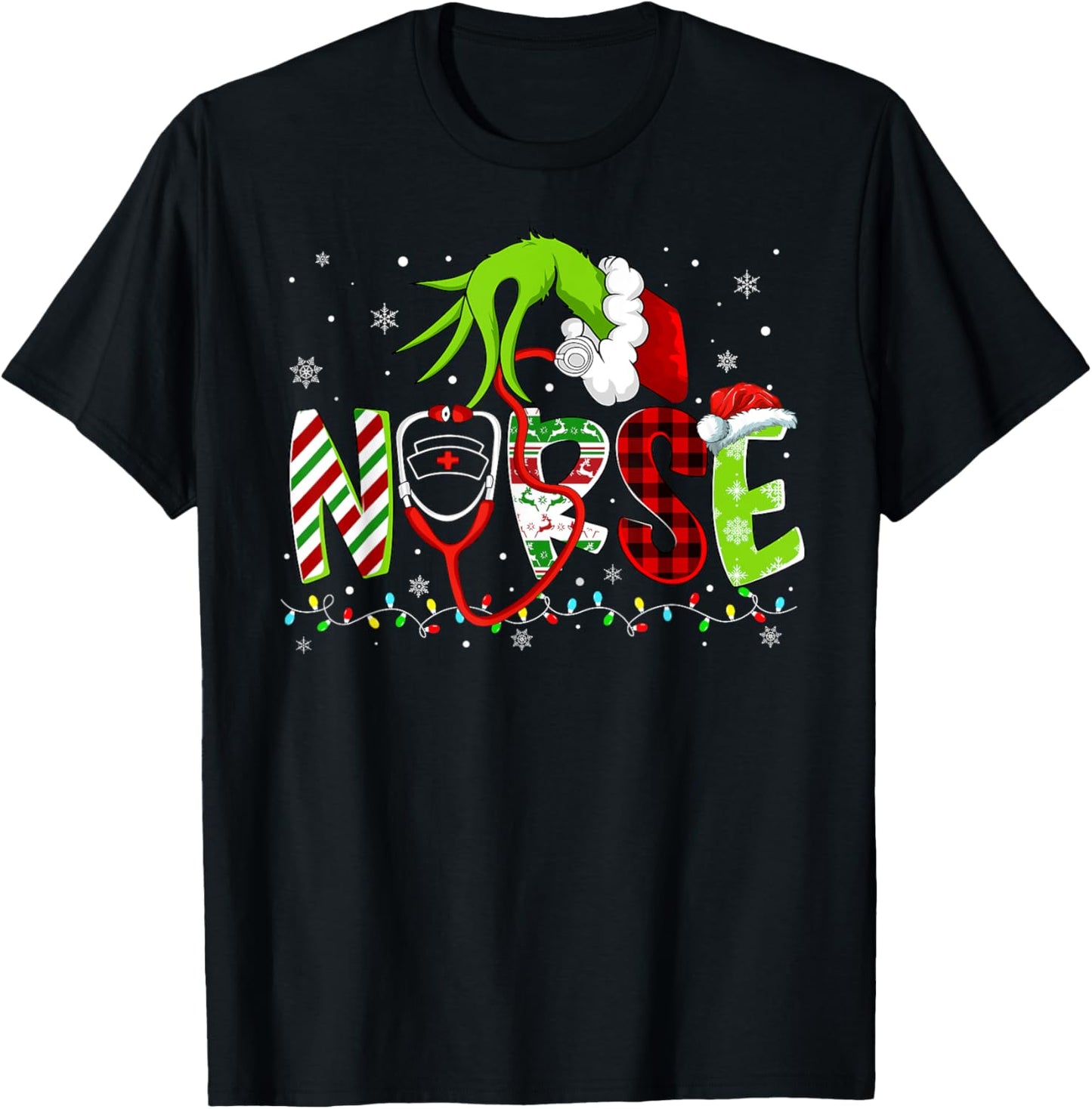 Nurse Funny Merry Christmas Stethoscope Lights Xmas Pajamas T-Shirt - T-Shirt | Black