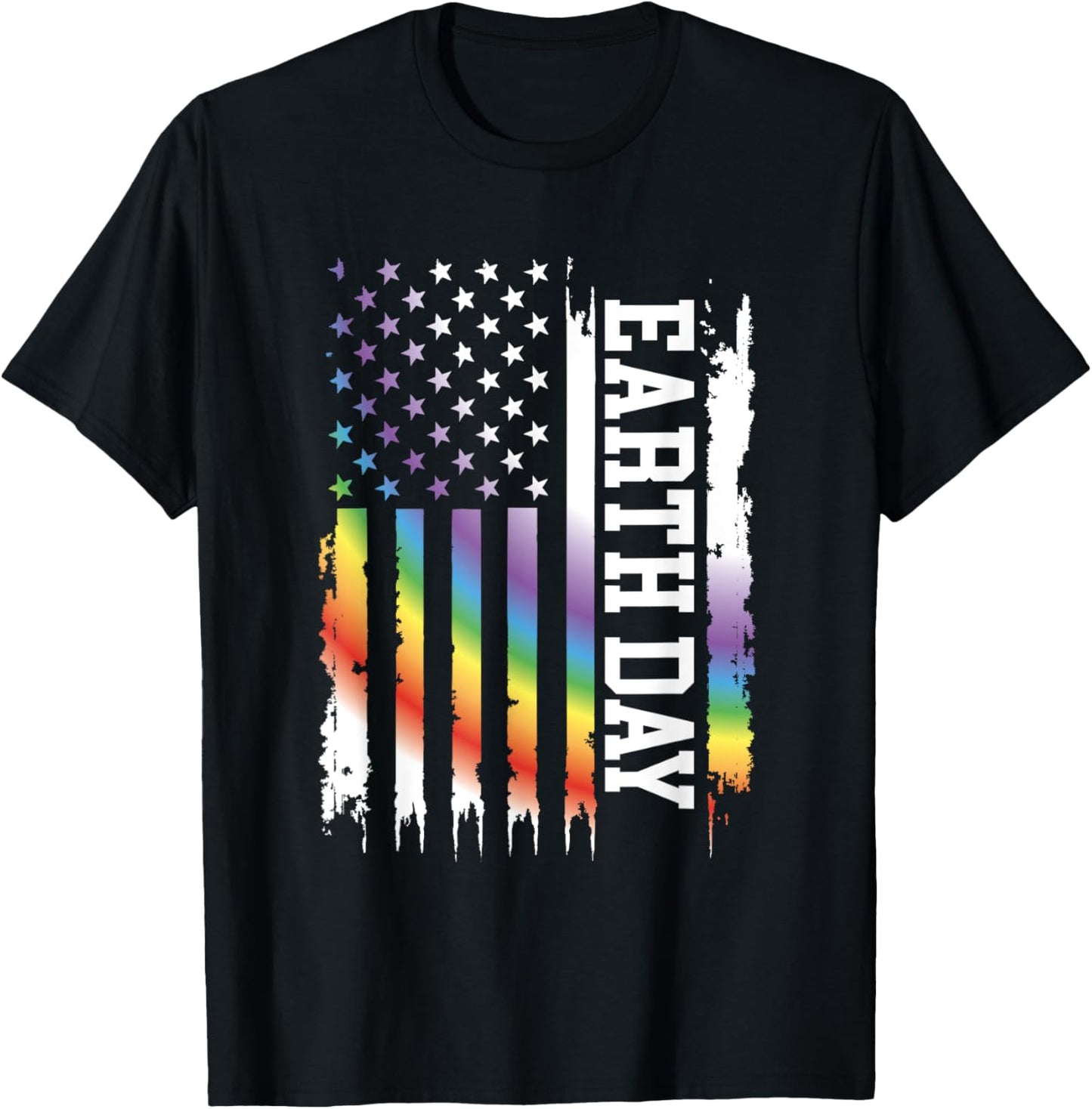 Earth Day United States Distressed Rainbow w US Flag T-Shirt - T-Shirt | Black