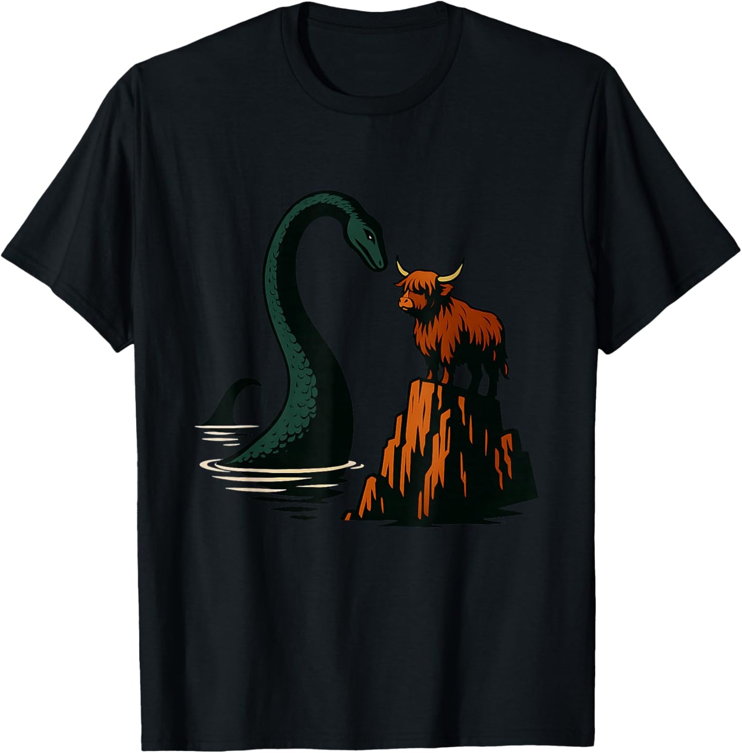 Loch Ness Monster Scotland Viking Ship Highland Cow T-Shirt - T-Shirt | Black