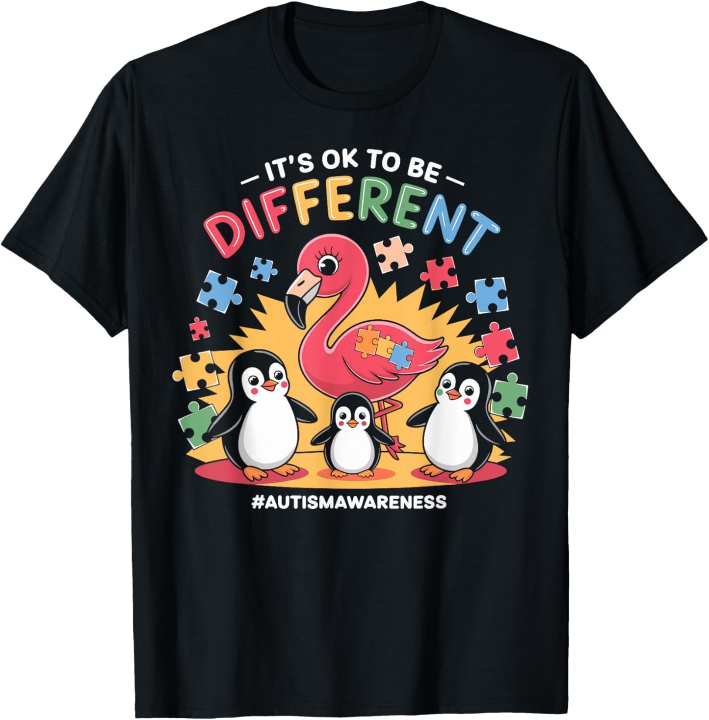 Its OK To Be Different Cute Flamingo Autism Awareness Girls T-Shirt - T-Shirt | Black