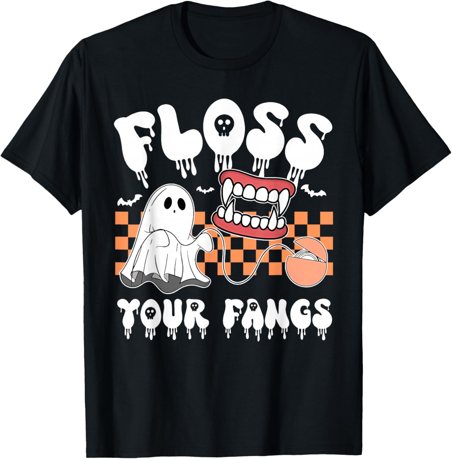 Retro Funny Teeth Floss Your Fangs Dentist Spooky Halloween T-Shirt - T-Shirt | Black