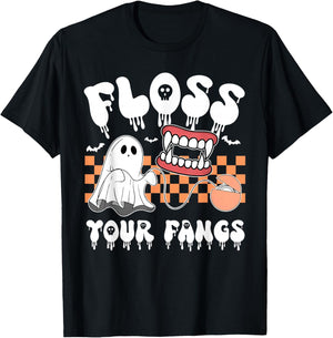 Retro Funny Teeth Floss Your Fangs Dentist Spooky Halloween T-Shirt - T-Shirt | Black