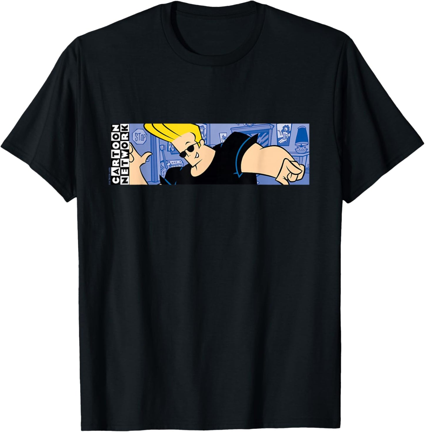 Johnny Bravo Panoramic Action Pose Funny Cartoon Network T-Shirt - T-Shirt | Black