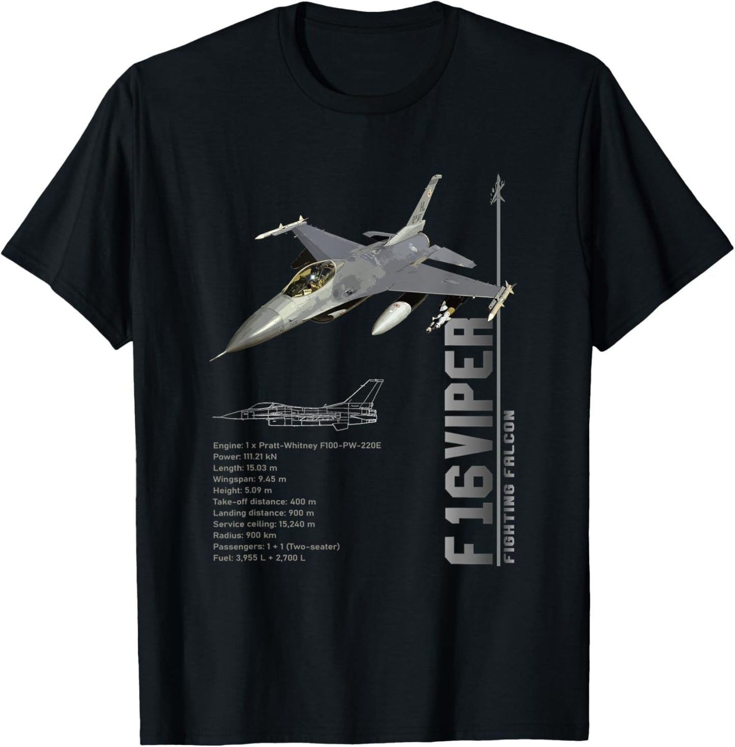 F-16 Viper Fighting Falcon Jet Fighters Spec T-Shirt - T-Shirt | Black