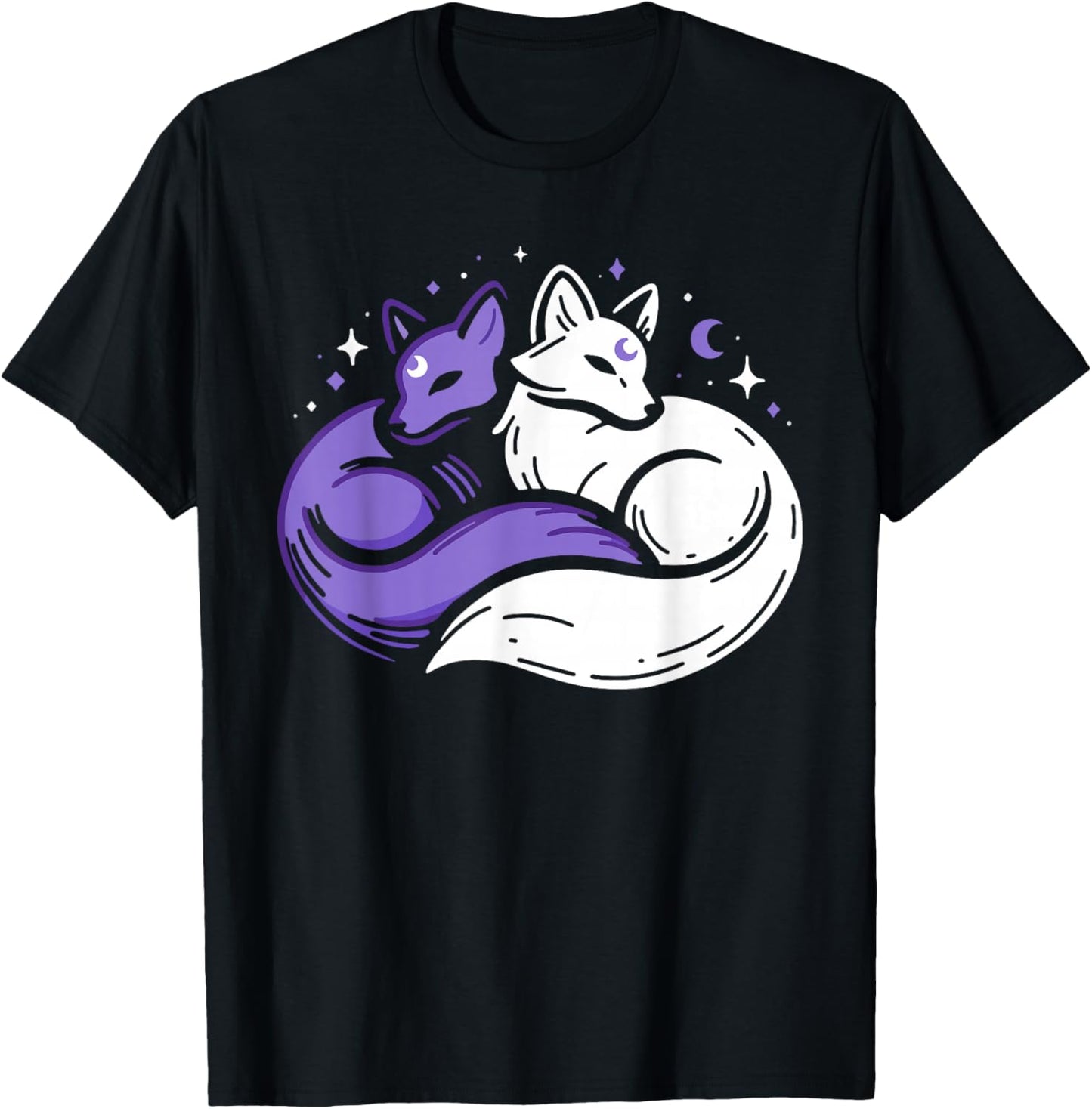 Fox Foxes Night Stars Crescent Moon Celestial Spirit Purple T-Shirt - T-Shirt | Black
