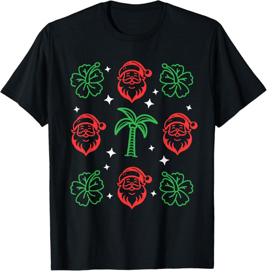 Hawaiian Christmas Hibiscus Palm Trees Mele Kalikimaka T-Shirt - T-Shirt | Black