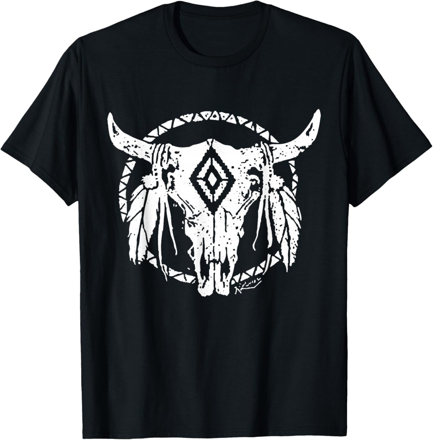 Tribal Bull Skull Western Desert Graphic Art Country Rodeo T-Shirt - T-Shirt | Black