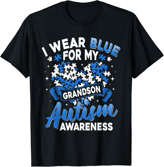 I Wear Blue For My Grandson Autism Awareness Support T-Shirt - T-Shirt | Black