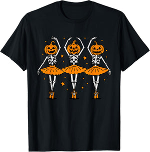 Cute Ballet Pumpkin Skeleton Halloween Costume Women Girl T-Shirt - T-Shirt | Black
