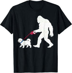 Retro Bigfoot Walking Maltese Dog Funny Sasquatch T-Shirt - T-Shirt | Black