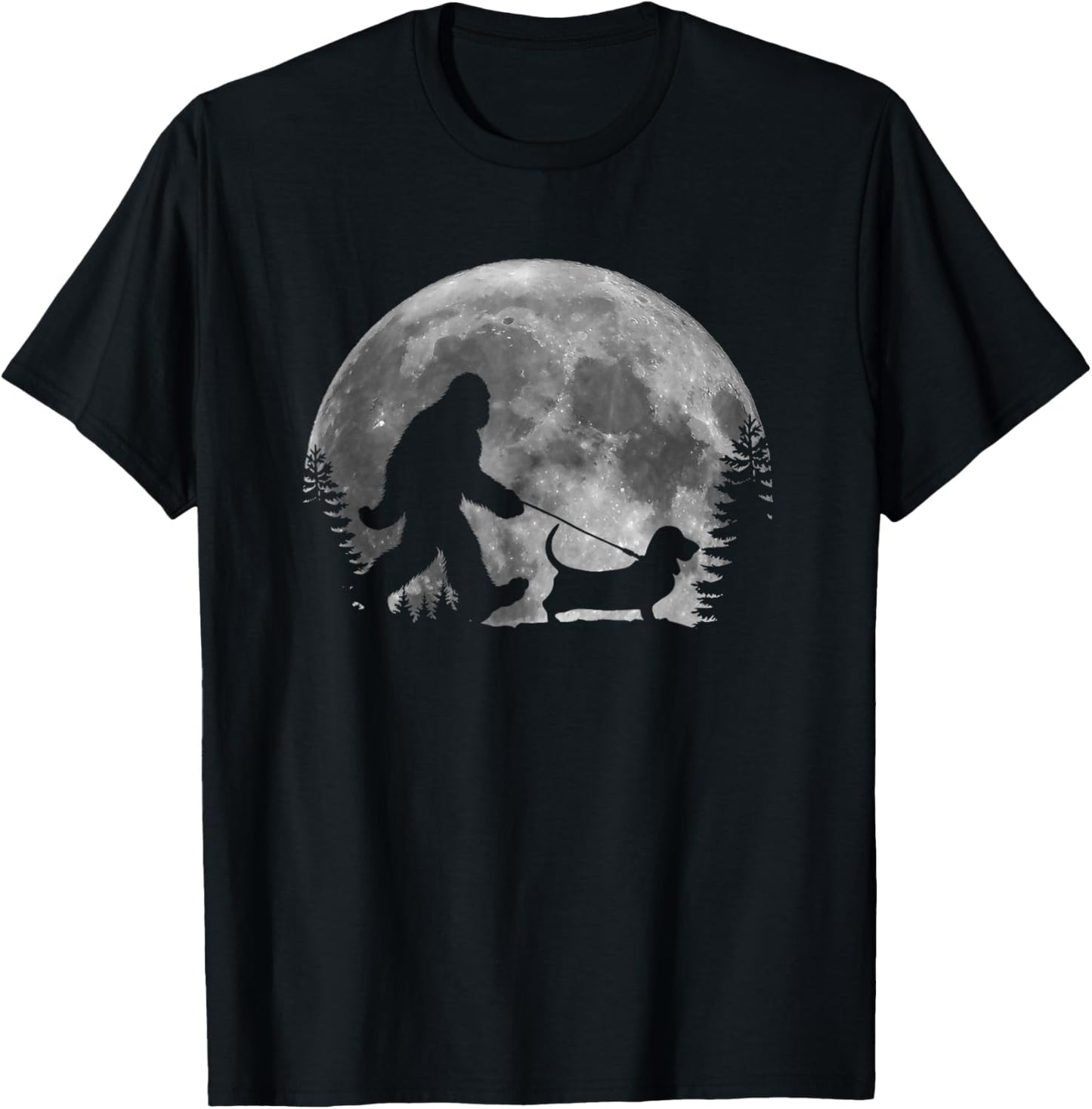 Bigfoot Walking a Dog Funny Basset Hound Moon Halloween Women Kids T-Shirt - T-Shirt | Black