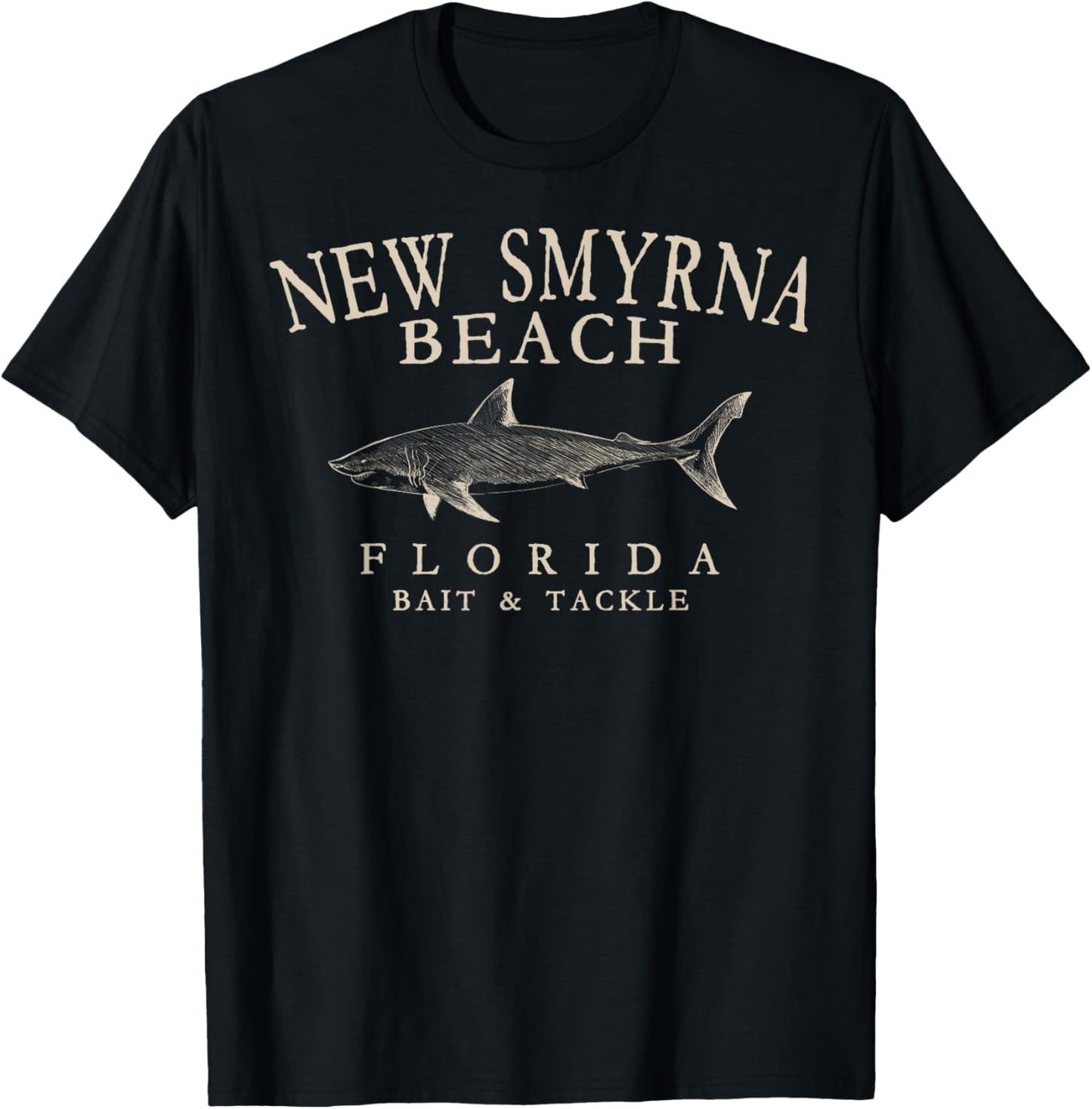 New Smyrna Beach Florida Shark Arched Antique White Letters T-Shirt - T-Shirt | Black