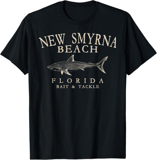New Smyrna Beach Florida Shark Arched Antique White Letters T-Shirt - T-Shirt | Black