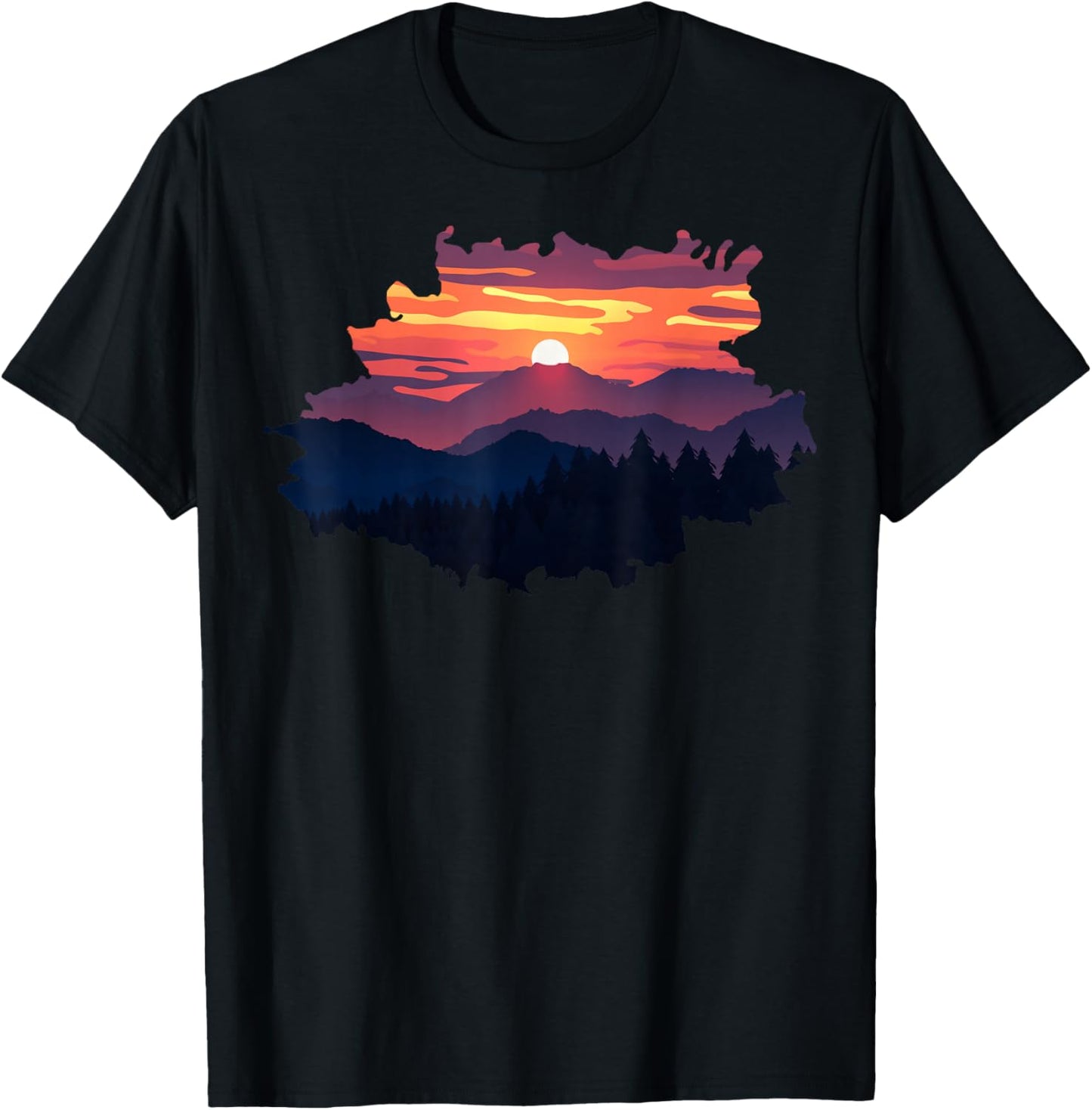 Mountain, Nature Trees and Sunset T-Shirt - T-Shirt | Black
