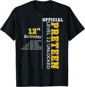 12th Birthday - Official Preteen Level 12 Unlocked Funny T-Shirt - T-Shirt | Black