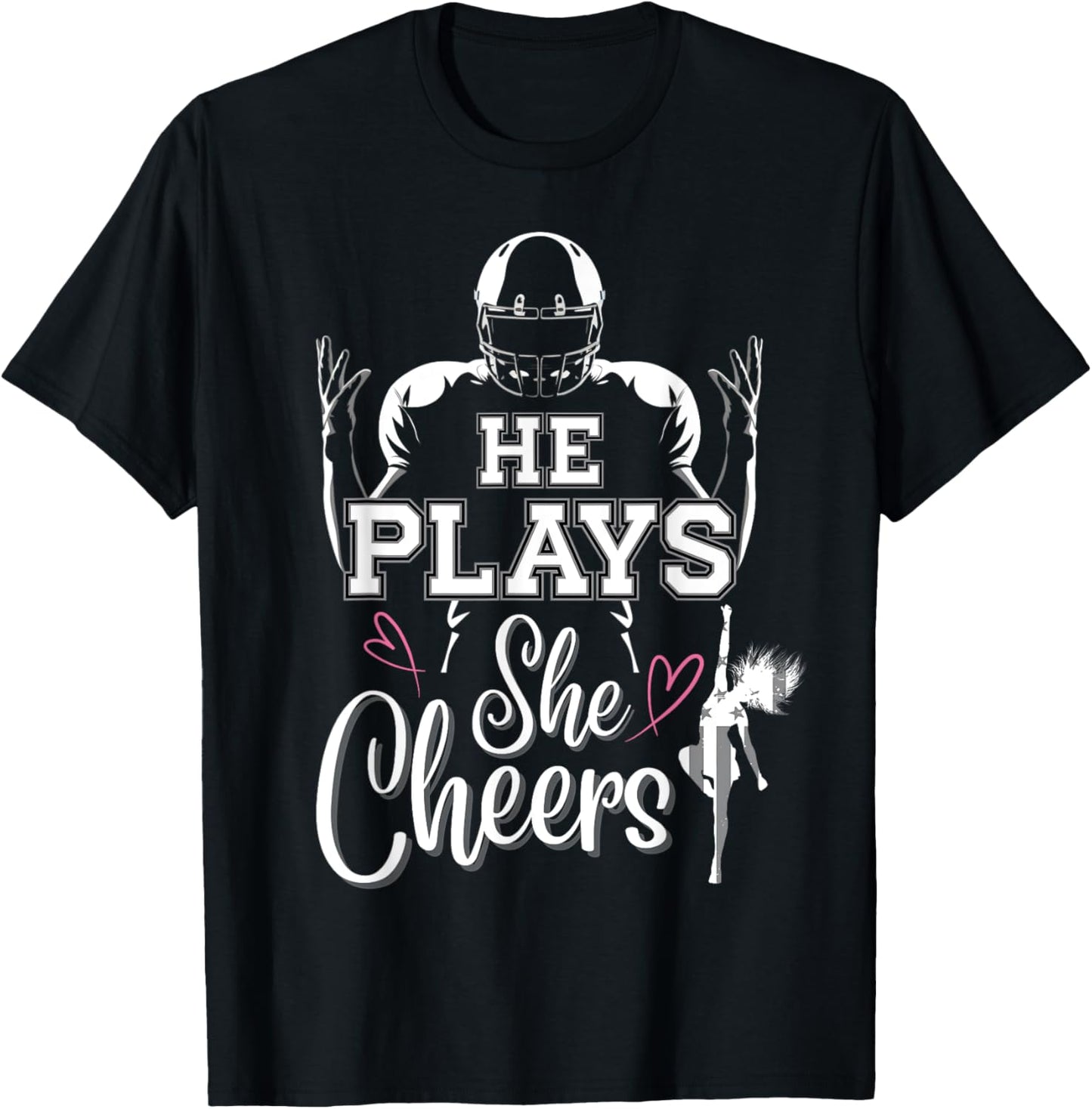 He Plays She Cheers Mom and me Football Season Cheerleader T-Shirt - T-Shirt | Black