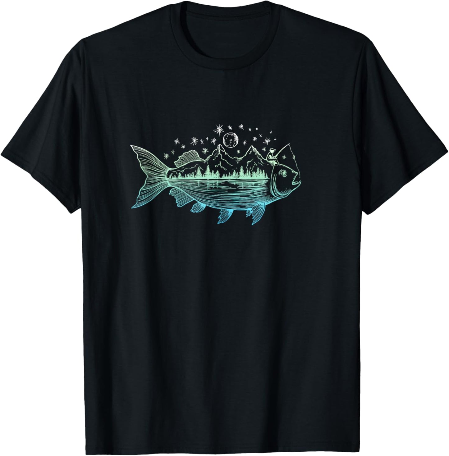 Cool Fish Shaped from Mountains Nature Scene Fishing T-Shirt - T-Shirt | Black