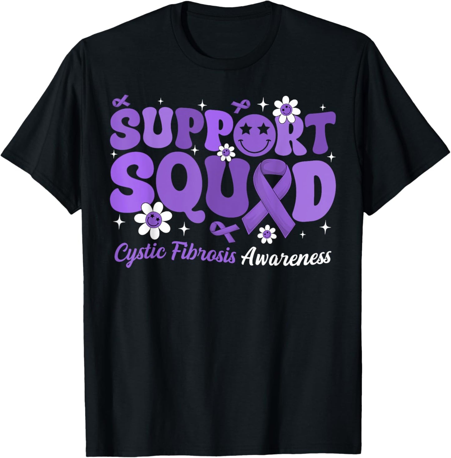 Groovy Support Squad Cystic Fibrosis Awareness Purple Ribbon T-Shirt - T-Shirt | Black