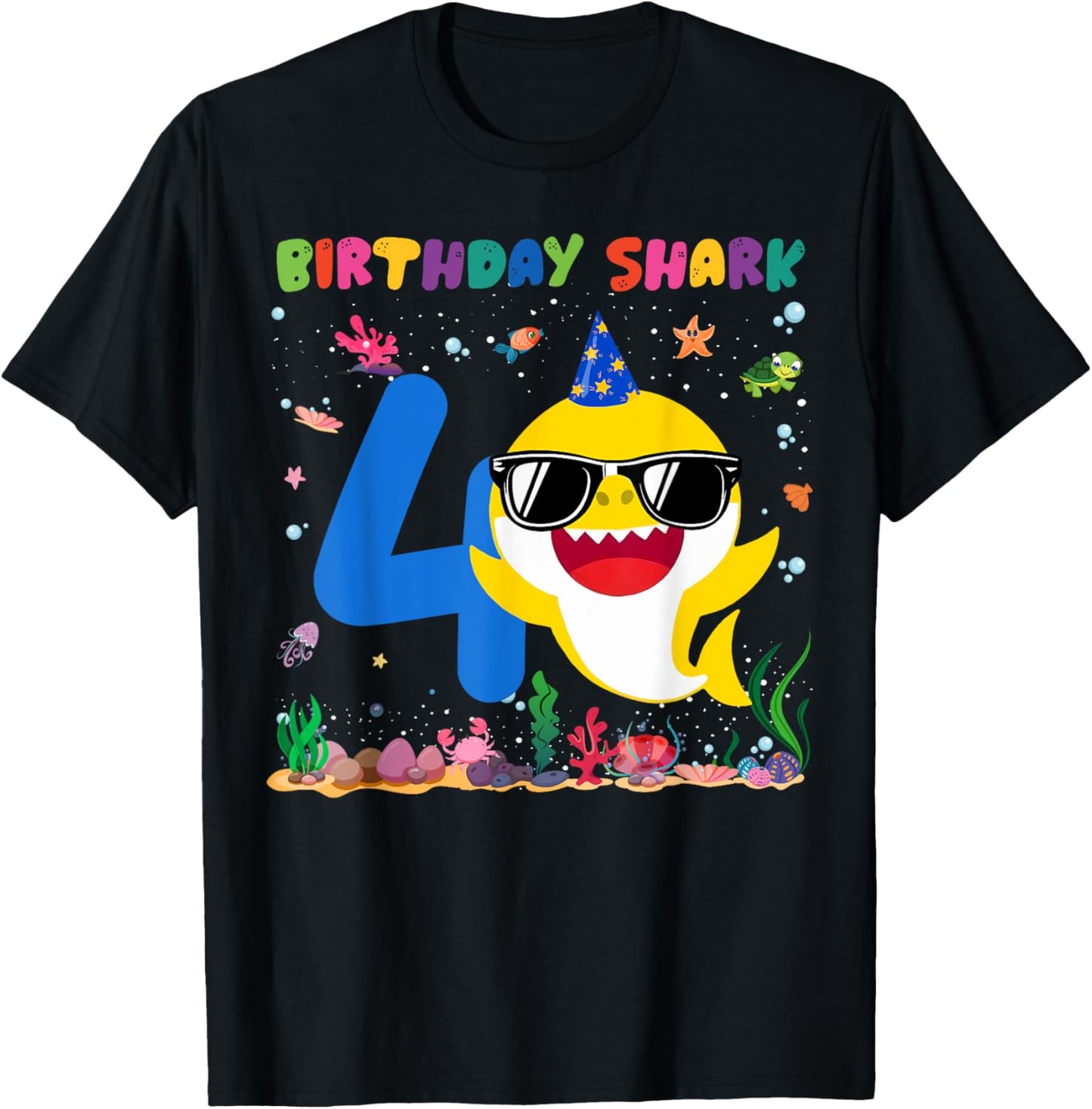 4 Year Old Birthday Shark 4th Toddlers Birthday Boy Girl T-Shirt - T-Shirt | Black