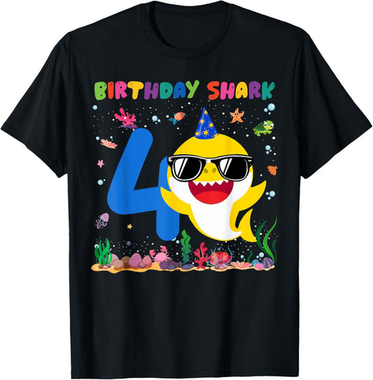 4 Year Old Birthday Shark 4th Toddlers Birthday Boy Girl T-Shirt - T-Shirt | Black