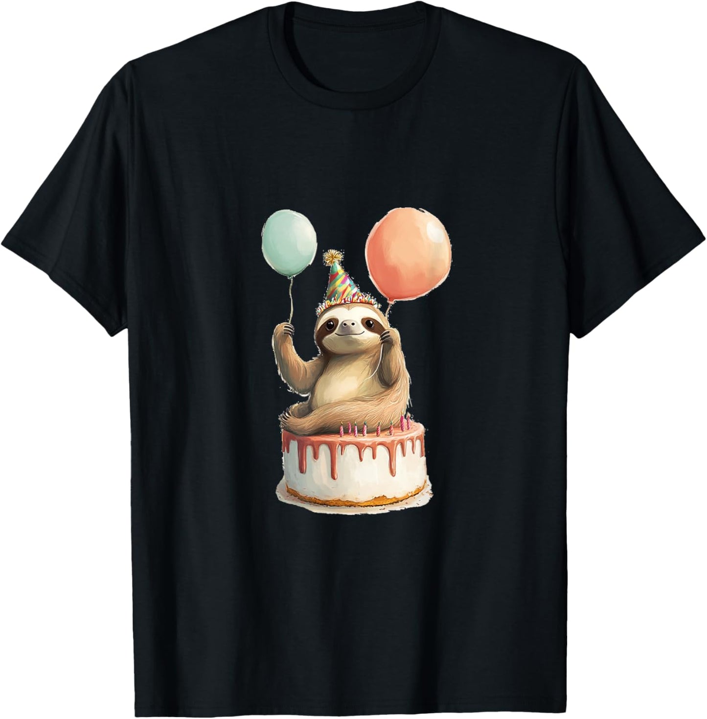 Sloth Happy Birthday Balloon Party Cake T-Shirt - T-Shirt | Black