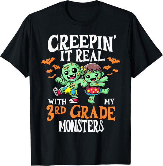 Creepin It Real Monster School 3rd Grade Teacher Halloween T-Shirt - T-Shirt | Black