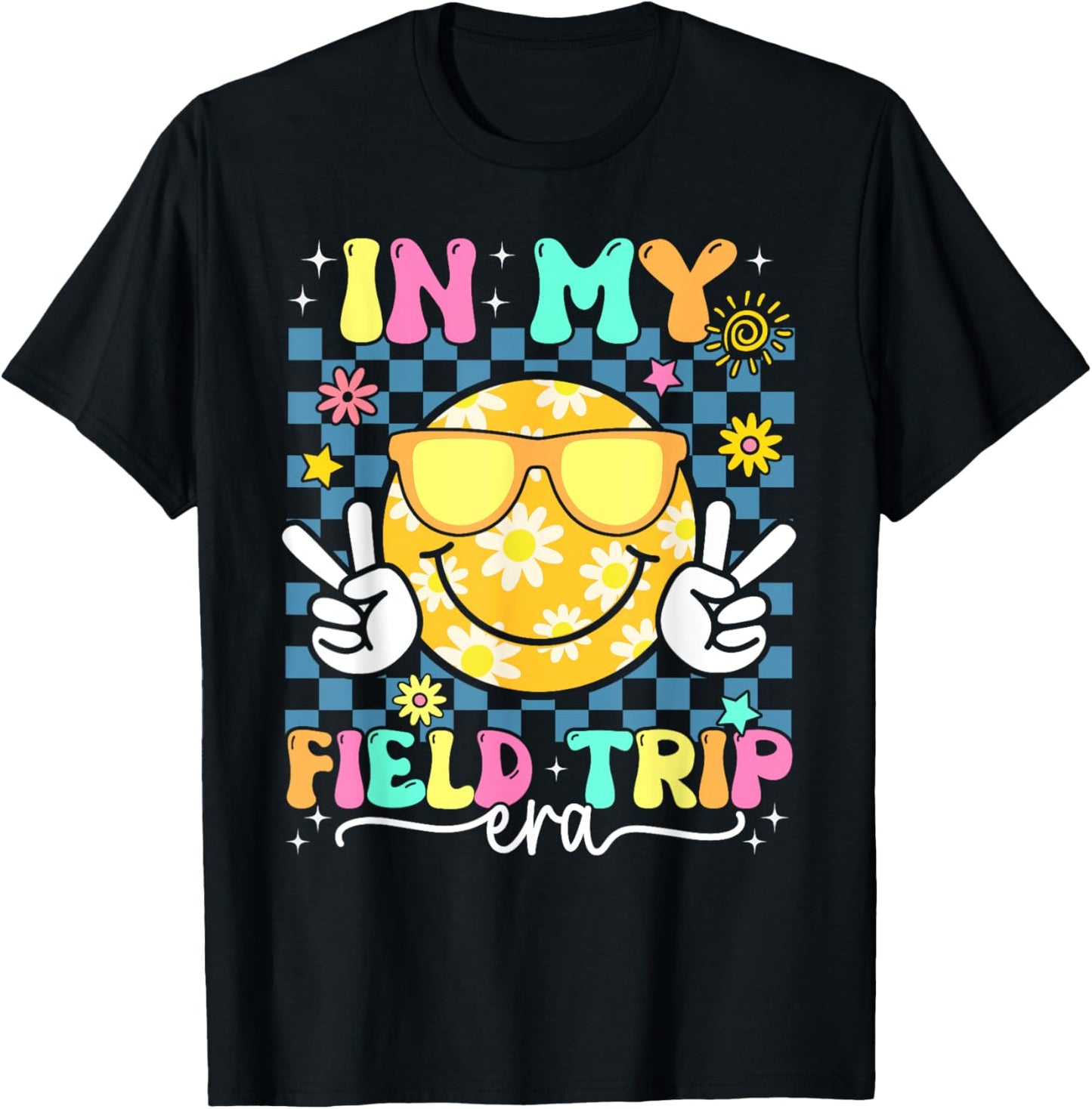 In My Field Trip Era Retro Groovy Smile Face Field Day 2025 T-Shirt - T-Shirt | Black