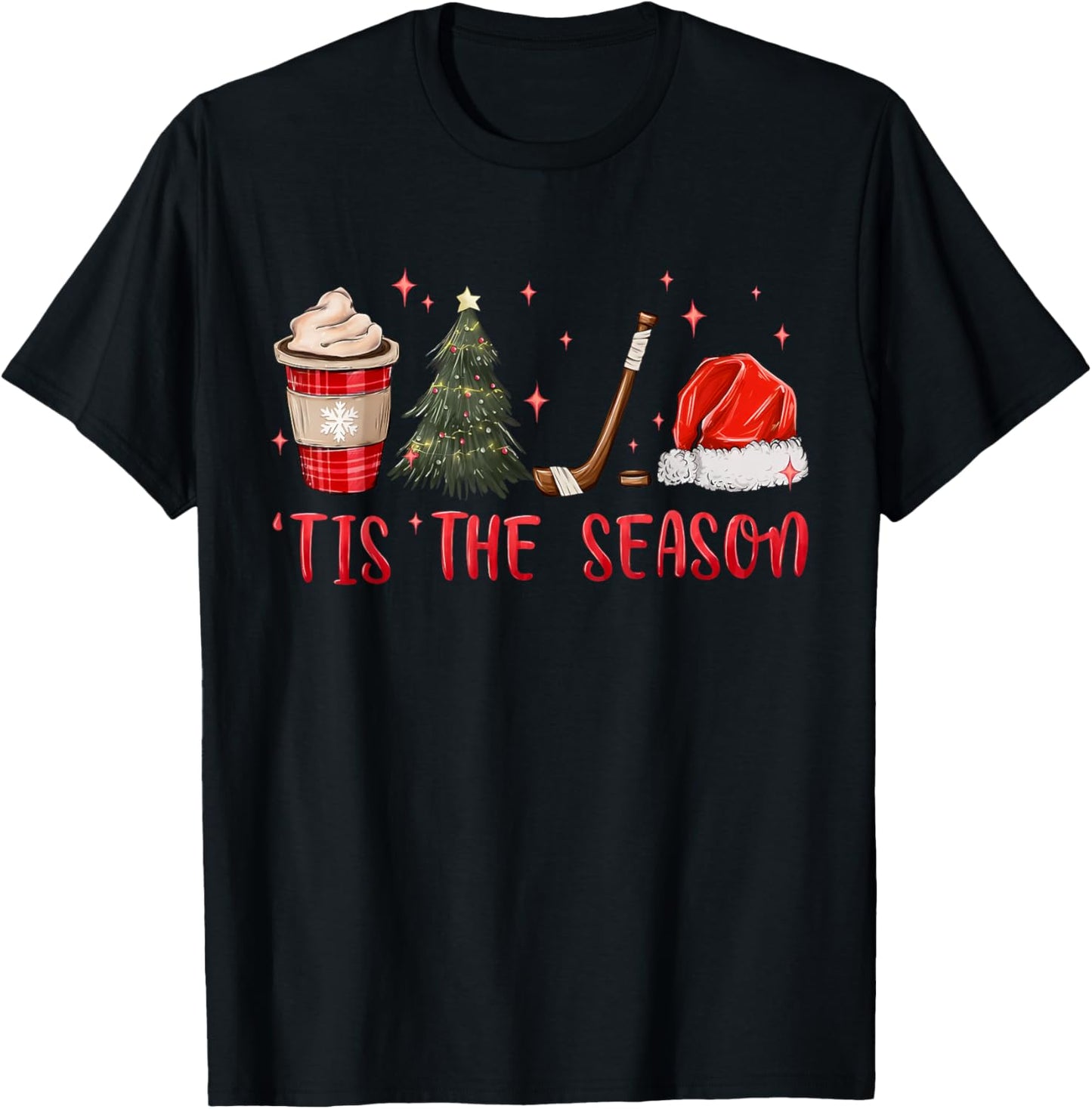 Tis The Season Hockey Coffee Xmas Tree Ice Hockey Christmas T-Shirt - T-Shirt | Black