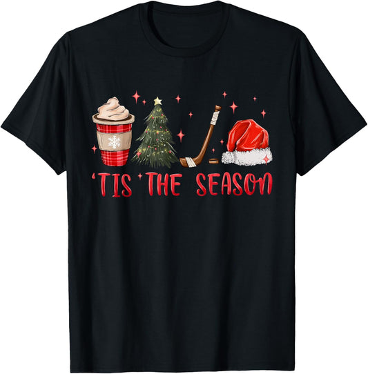 Tis The Season Hockey Coffee Xmas Tree Ice Hockey Christmas T-Shirt - T-Shirt | Black