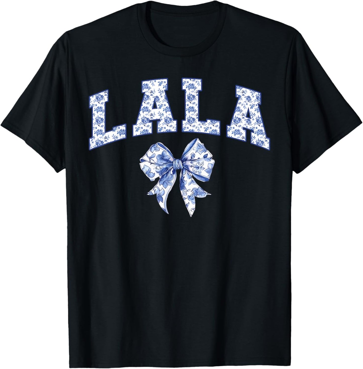 Lala Coquette Toile Blue Bow Floral Family Matching T-Shirt - T-Shirt | Black
