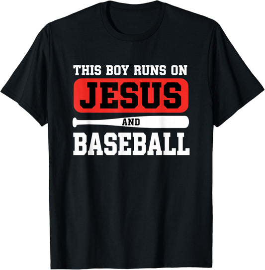 This Boy Runs On Jesus and Baseball - Christian Baseball T-Shirt - T-Shirt | Black
