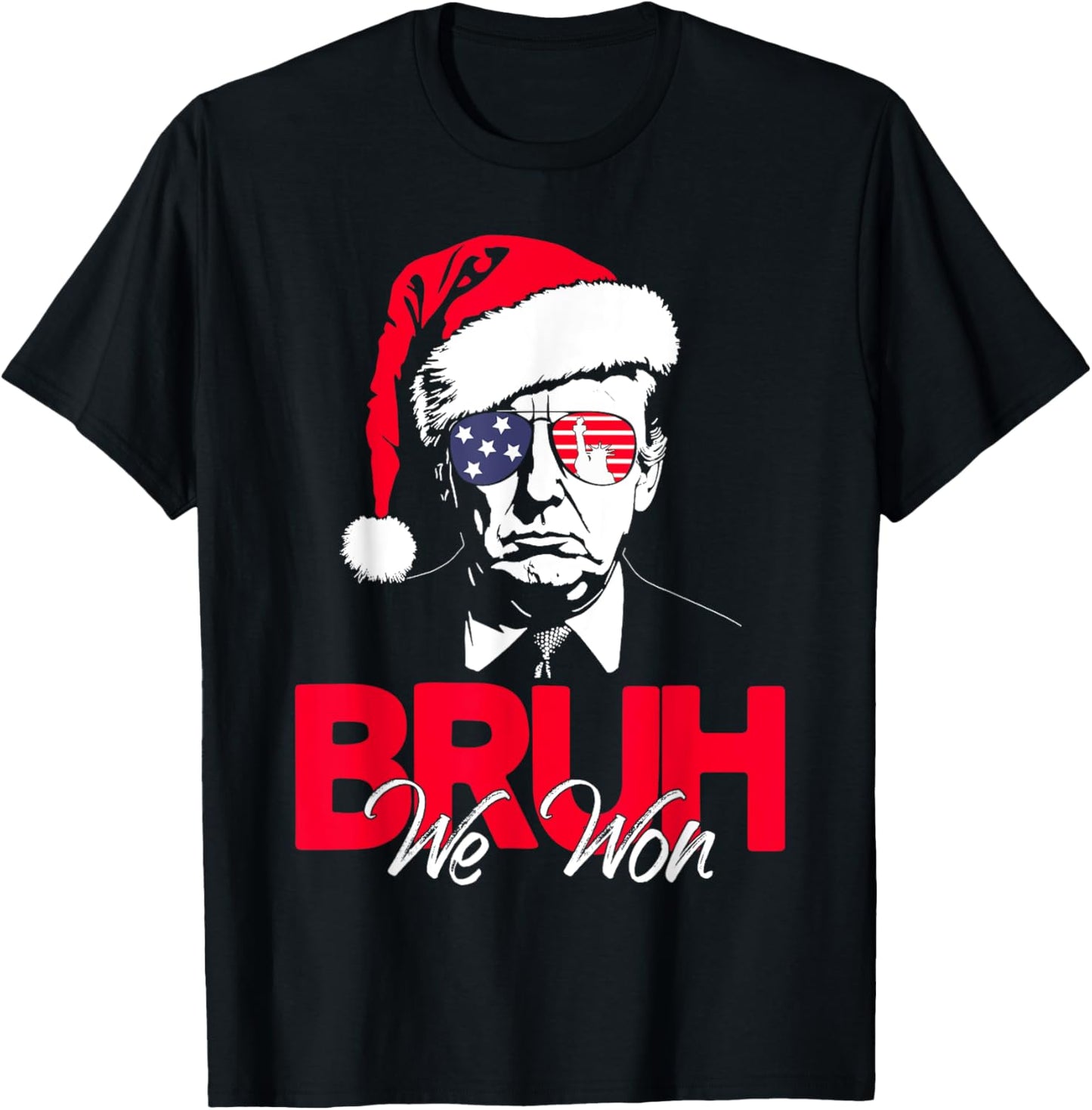 Bruh We Won Funny Christmas Santa Hat Trump 47 USA President T-Shirt - T-Shirt | Black