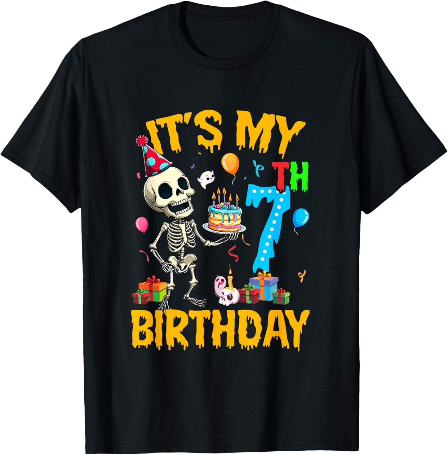 It's My 7Th Birthday Party Halloween Skeleton Birthday Kids T-Shirt - T-Shirt | Black