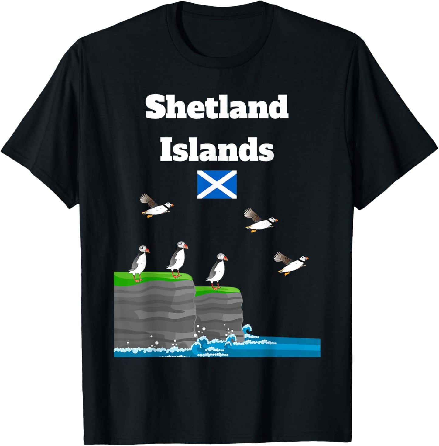 Shetland Islands Puffin Colony on Sea Cliffs Scottish trip T-Shirt - T-Shirt | Black