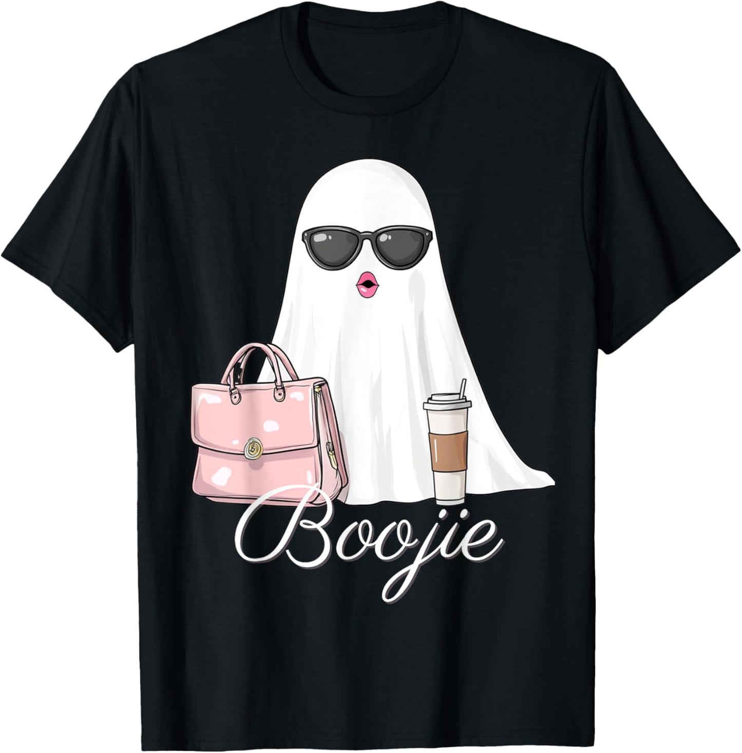 Boujee Boojie Funny Halloween Ghost with Pink Purse Lipstick T-Shirt - T-Shirt | Black