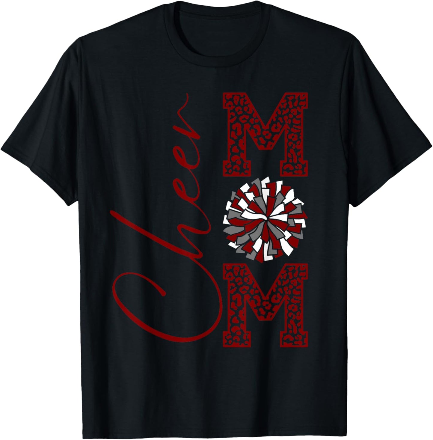 Cheer Mom | Burgandy Gray White Maroon Silver Leopard Print T-Shirt - T-Shirt | Black