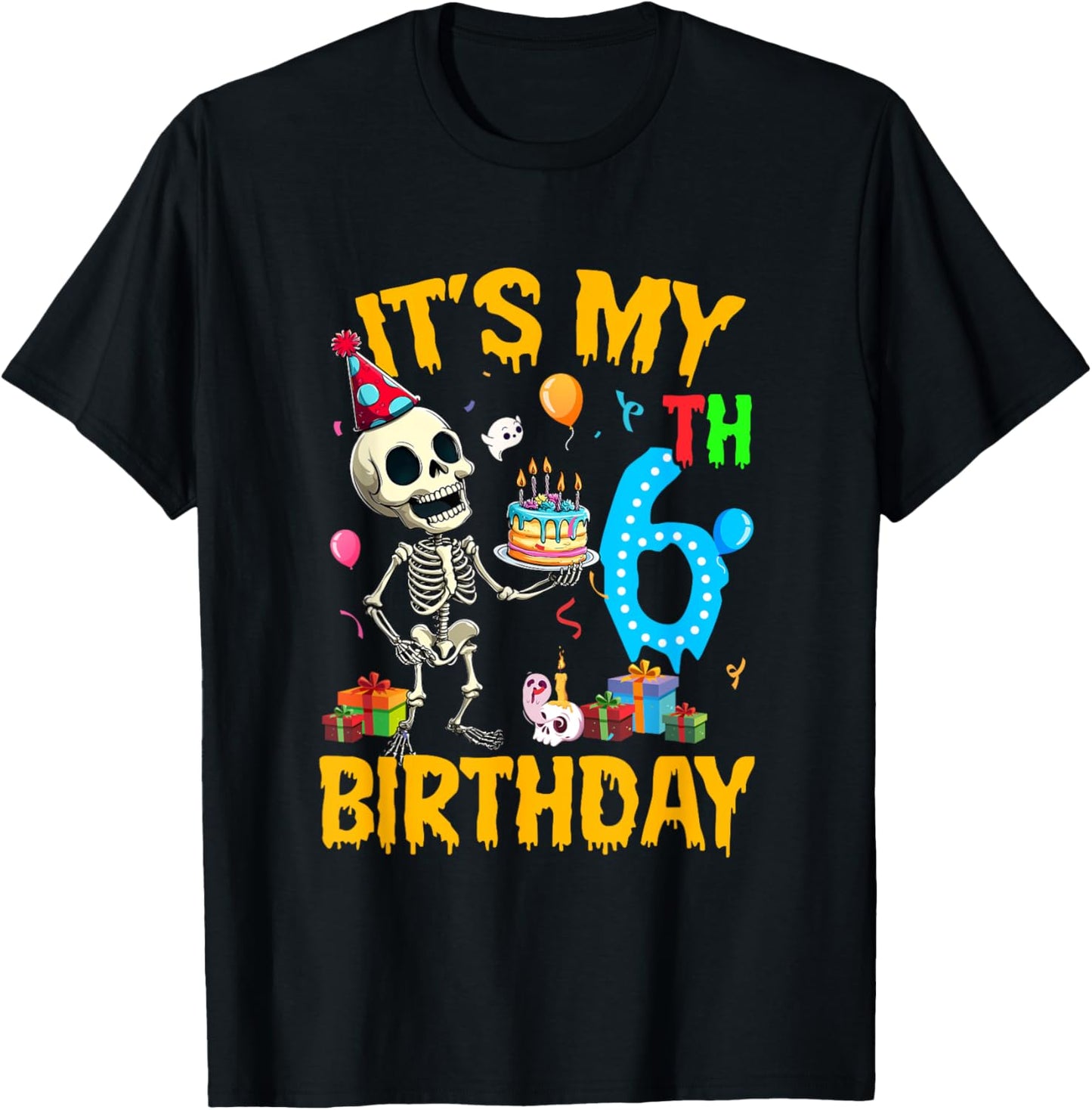 It's My 6Th Birthday Party Halloween Skeleton Birthday Kids T-Shirt - T-Shirt | Black