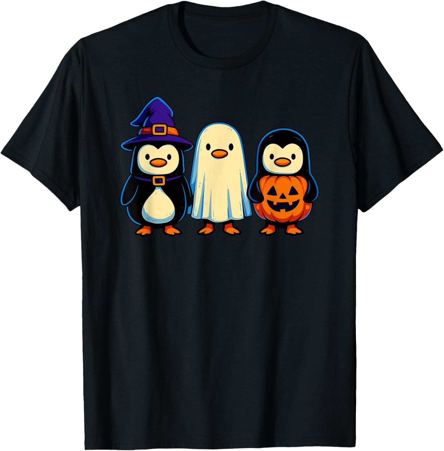 Penguin Witch Ghost Pumpkin Men Women Kids Funny Halloween T-Shirt - T-Shirt | Black