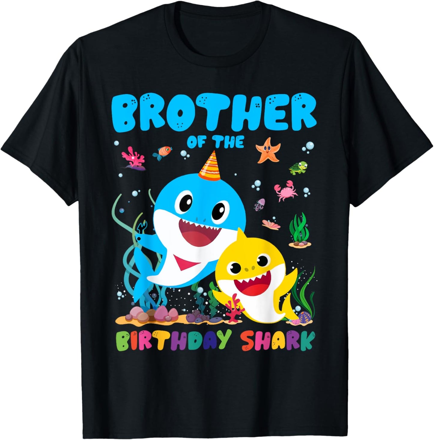 Funny Brother Of The Birthday Family Shark Birthday Boy Girl T-Shirt - T-Shirt | Black