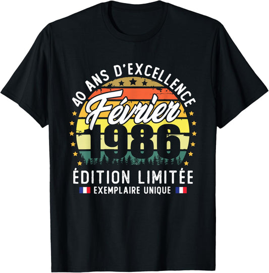 Vintage February 1986 40th Birthday Gift T-Shirt - T-Shirt | Black
