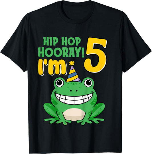 Kids Hip Hop Hooray I'm Frog 5 Years Old 5th Birthday Party Frog T-Shirt - T-Shirt | Black