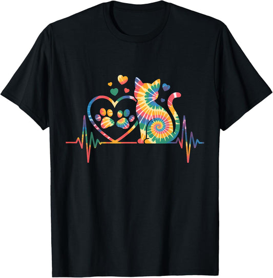 Cat Tie Dye Colorful Heartbeat EKG Pulse T-Shirt - T-Shirt | Black