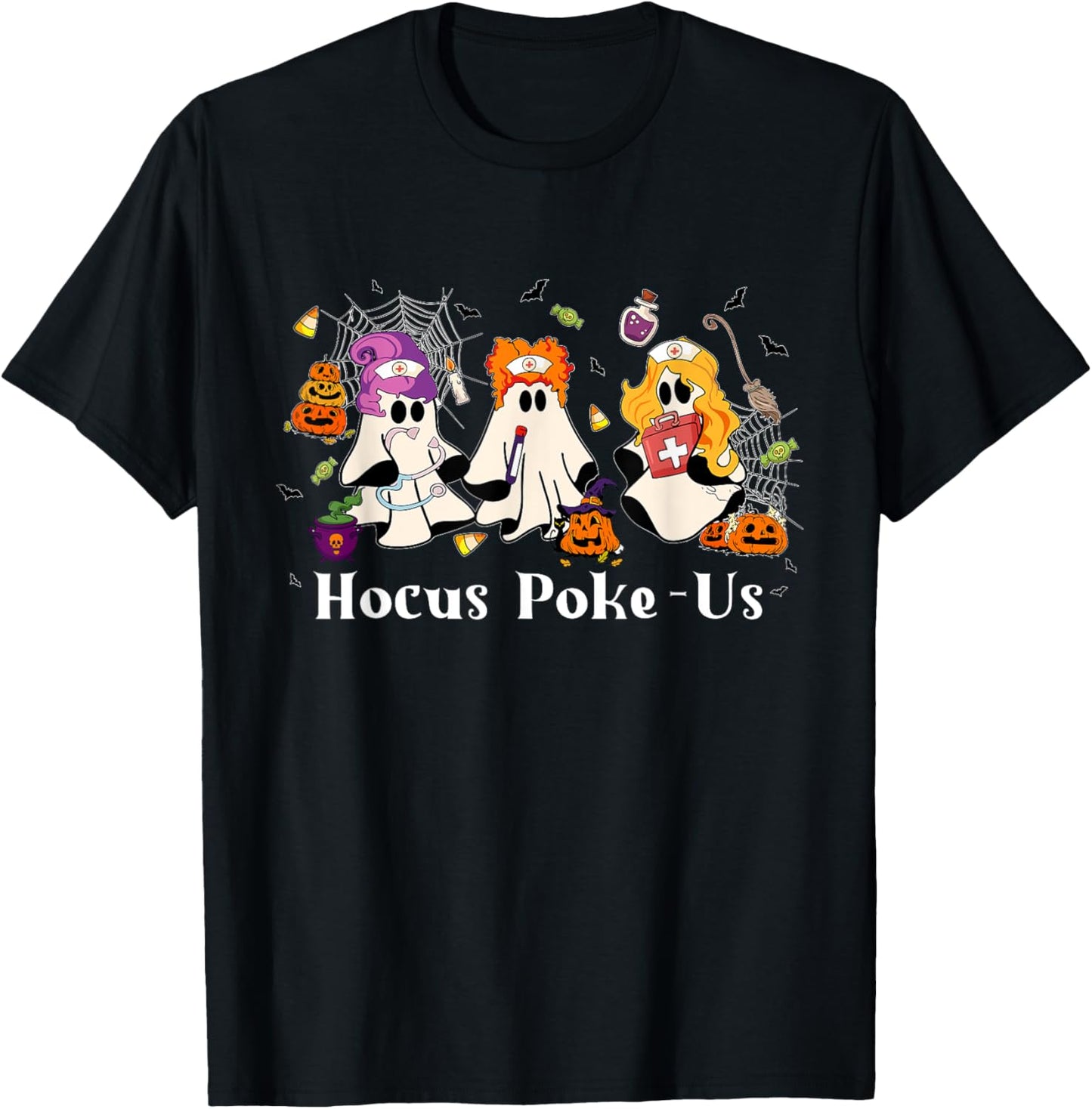 Retro Funny Hocus Poke-us Spooky Nurse Halloween Cute Ghost T-Shirt - T-Shirt | Black