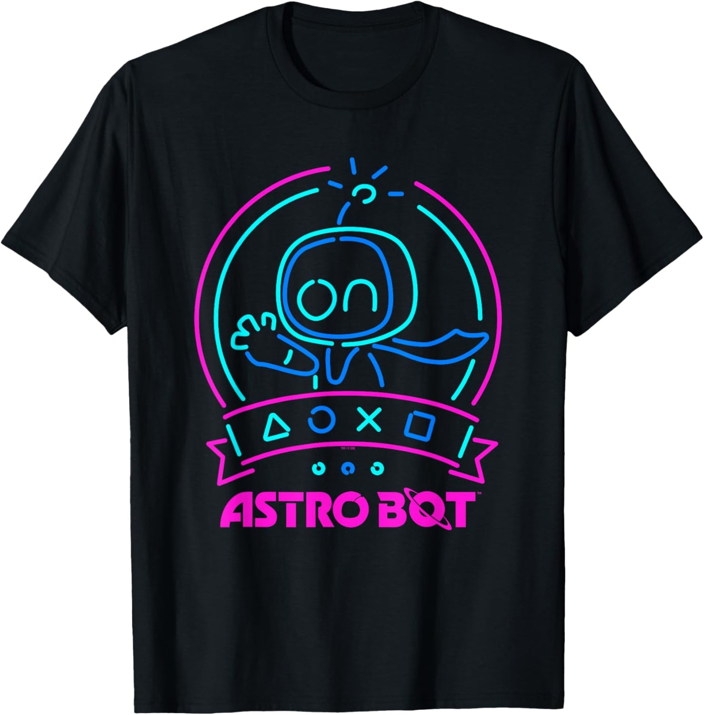 Astro Bot Neon Waving Character with Icons Video Game T-Shirt - T-Shirt | Black