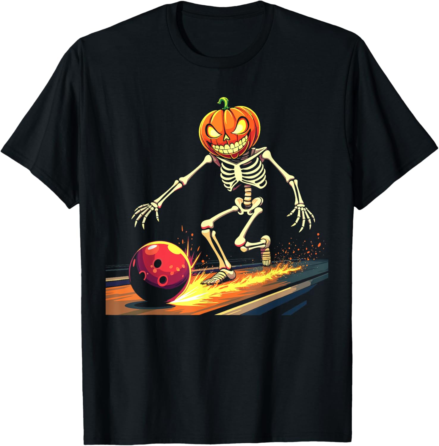 Pumpkin Head Skeleton Bowling Halloween Spooky Sports T-Shirt - T-Shirt | Black