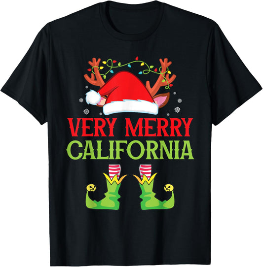 Festive Christmas Elf & Santa Claus Very Merry in CALIFORNIA T-Shirt - T-Shirt | Black
